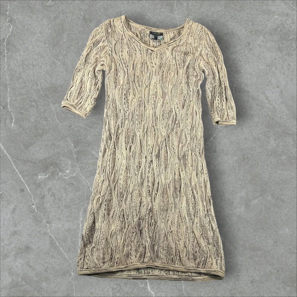 Coogi Sweater Dress Womens Small Beige 3D Textured Knit V-Neck Elbow Sleeve